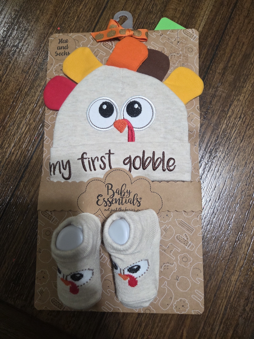 My First Gobble Baby Hat & Socks Set - Cream with Multi Color Accents